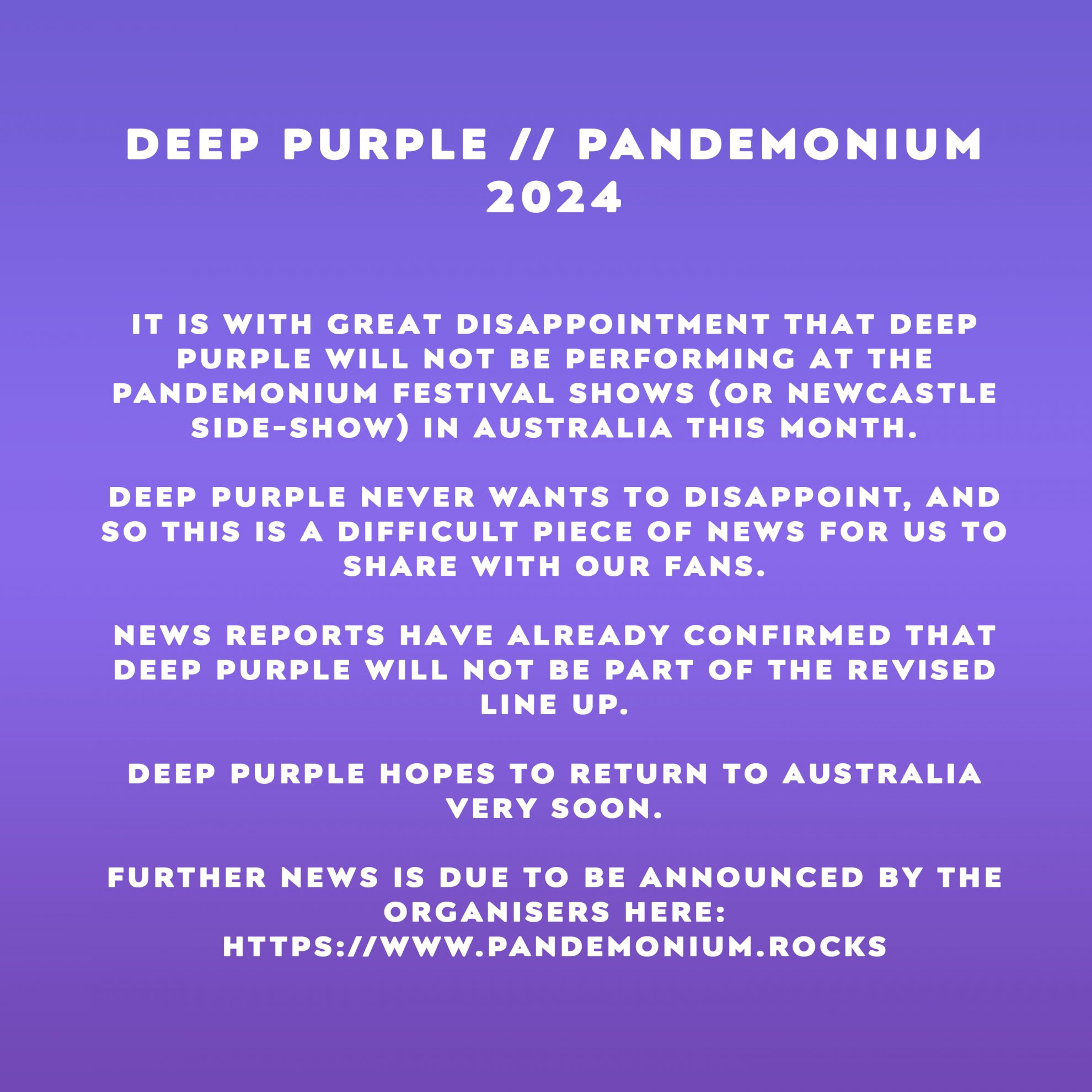 Official statement regarding Pandemonium festival in Australia.